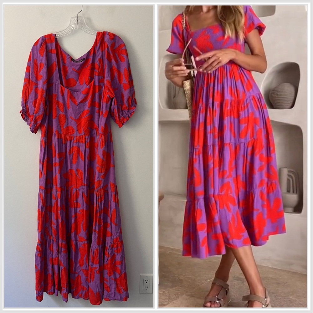 Mister Zimi Fleur Maple Purple Red Square Puff Sleeve Tiered Midi Dress 12
